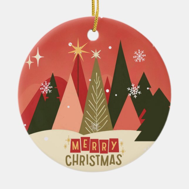 Retro/Vintage Merry Christmas tree Ceramic Ornament (Front)