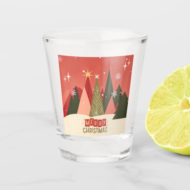 Retro/Vintage Merry Christmas tree Shot Glass (Front)