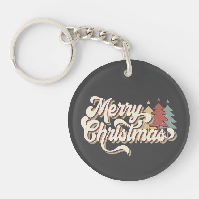 Retro Vintage Merry Christmas Typography Keychain (Front)