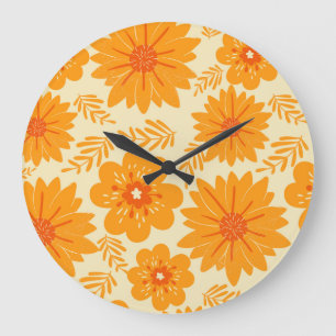 Retro Vintage Mid Century Orange Flower Pattern Large Clock