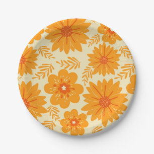 Retro Vintage Mid Century Orange Flower Pattern Paper Plate