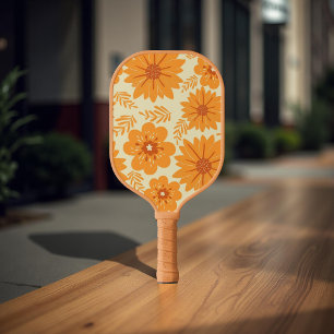 Retro Vintage Mid Century Orange Flower Pattern Pickleball Paddle