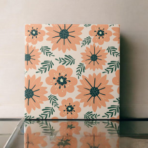 Retro Vintage Mid Century Peach Flower Pattern Tile