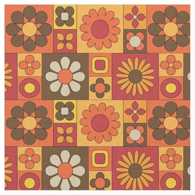 Retro Vintage Mod Orange Pattern Fabric (Close Up)