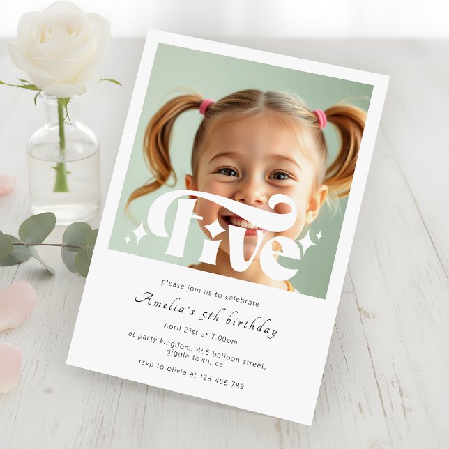 Retro Vintage Modern 5th Birthday Photo Invitation (Creator Uploaded)