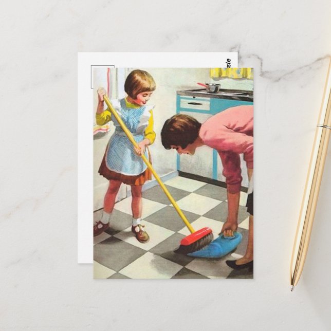 retro vintage Mom Daughter cleaning Postcard (Front/Back In Situ)