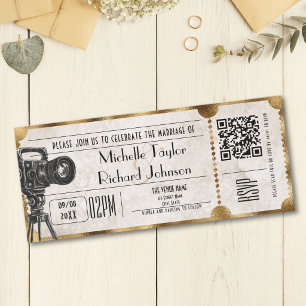 Retro Vintage Movie Ticket with RSVP QR Code Invitation