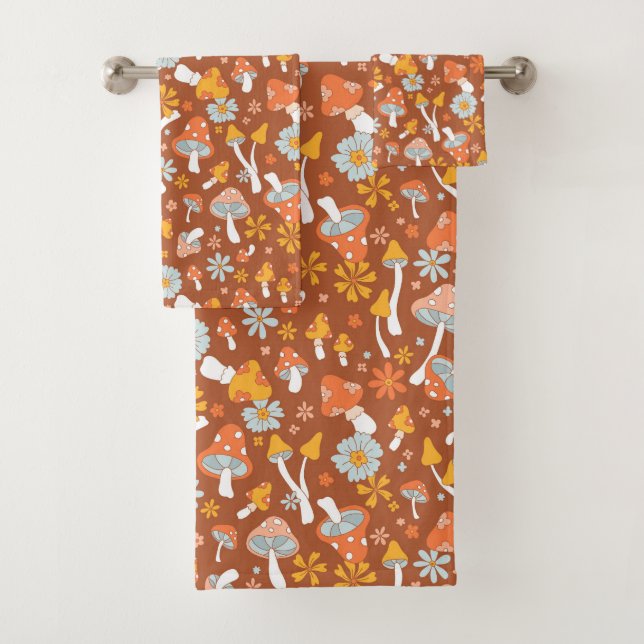 Retro Vintage Mushroom Flower Pattern Bath Towel Set (Insitu)