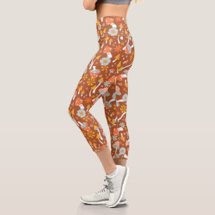Retro Vintage Mushroom Flower Pattern Capri Leggings