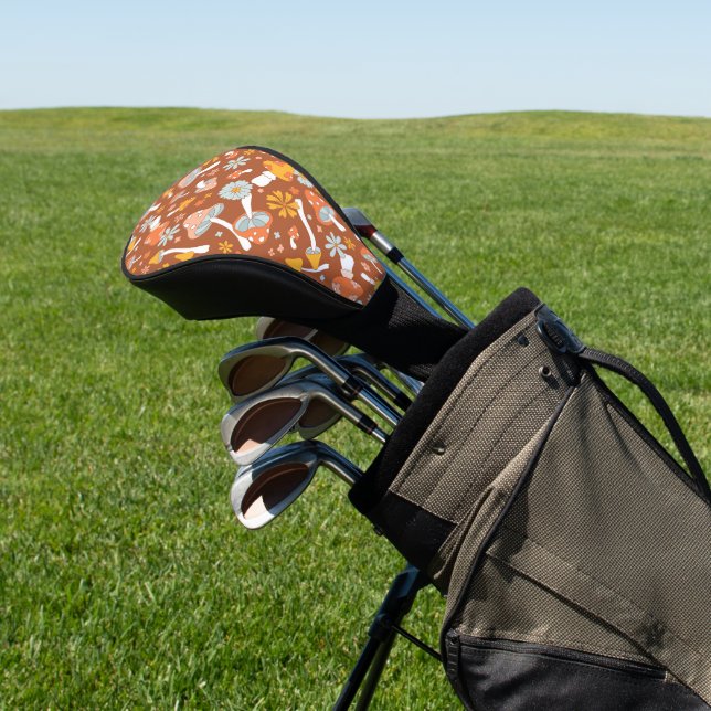 Retro Vintage Mushroom Flower Pattern Golf Head Cover (In Situ)