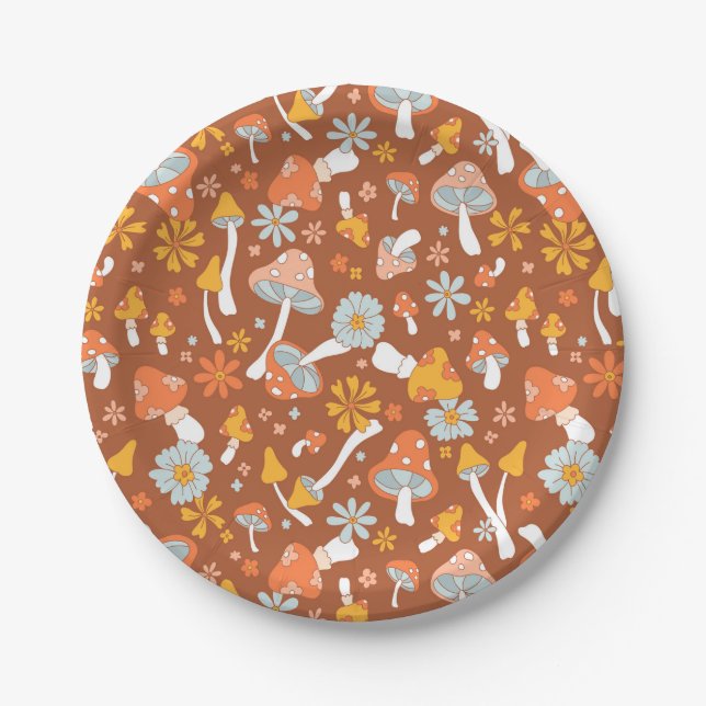 Retro Vintage Mushroom Flower Pattern Paper Plate (Front)