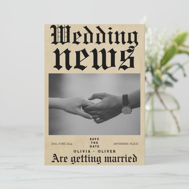 Retro vintage newspaper wedding  save the date (Standing Front)