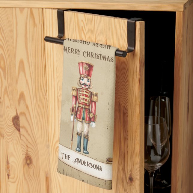 Retro Vintage Nutcracker  Custom Merry Christmas Kitchen Towel (Thirds Fold)