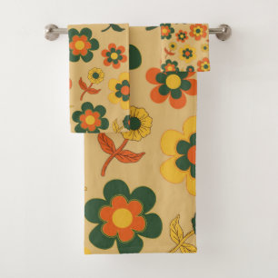 Retro Vintage Orange 70s Flower Pattern Bath Towel Set
