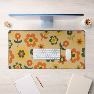 Retro Vintage Orange 70s Flower Pattern Desk Mat