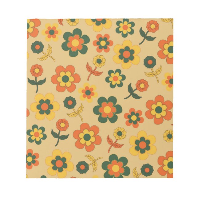 Retro Vintage Orange 70s Flower Pattern Notepad (Front)