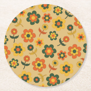Retro Vintage Orange 70s Flower Pattern Round Paper Coaster