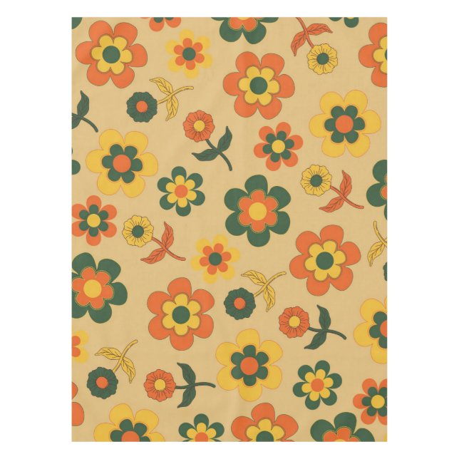 Retro Vintage Orange 70s Flower Pattern Tablecloth (Front)
