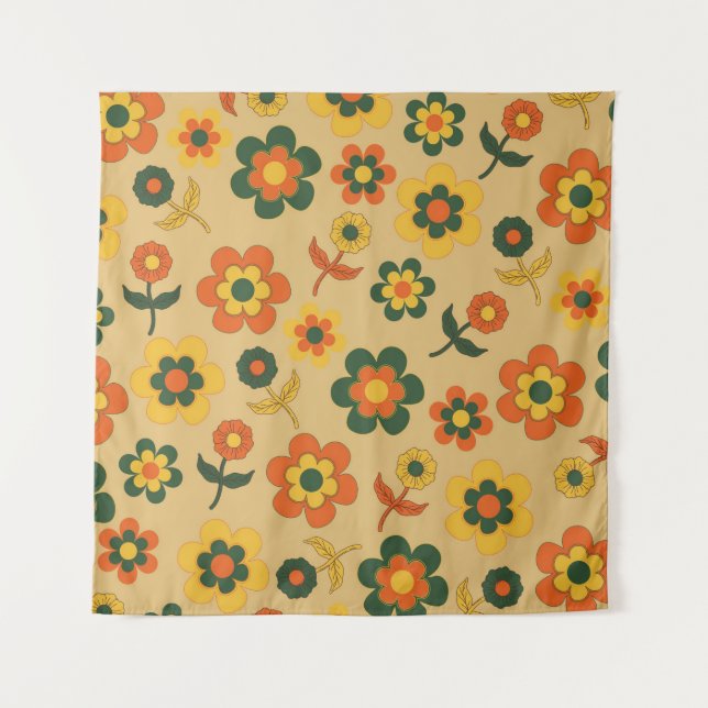 Retro Vintage Orange 70s Flower Pattern Tapestry (Front)