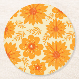 Retro Vintage Orange Botanical Flower Pattern Fall Round Paper Coaster