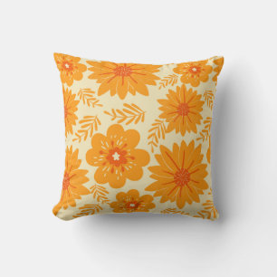 Retro Vintage Orange Botanical Flower Pattern Fall Throw Pillow