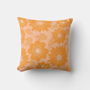 Retro Vintage Orange Peach Fuzz Flower Pattern Throw Pillow