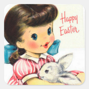 Retro vintage Pâques fille lapin autocollant
