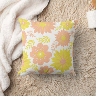 Retro Vintage Peach Fuzz Mustard Flower Pattern Throw Pillow