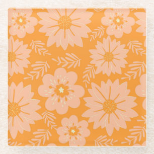 Retro Vintage Peach Fuzz Orange Flower Pattern Glass Coaster