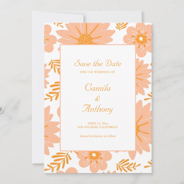 Retro Vintage Peach Fuzz Orange Flower Pattern Invitation (Front)
