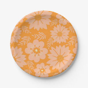 Retro Vintage Peach Fuzz Orange Flower Pattern Paper Plate