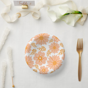 Retro Vintage Peach Fuzz Orange Flower Pattern Paper Plate
