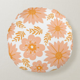 Retro Vintage Peach Fuzz Orange Flower Pattern Round Pillow