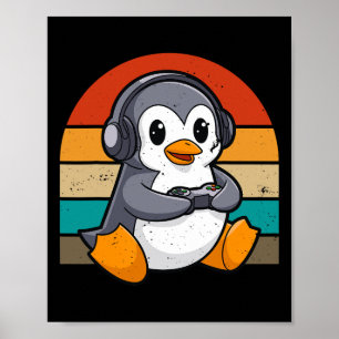Retro Vintage Penguin Video Gamer Kawaii Gaming Poster