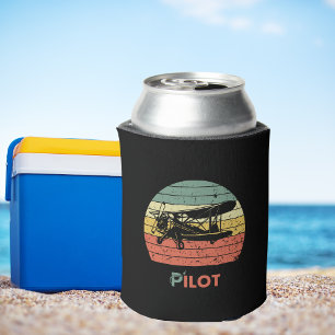 Retro Vintage Pilot Biplane Airplane Sunset beer Can Cooler