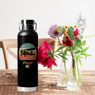 Retro Vintage PILOT Typography & Airplane, Custom Water Bottle