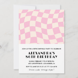 Retro Vintage Pink Checkered 86th birthday Invitation