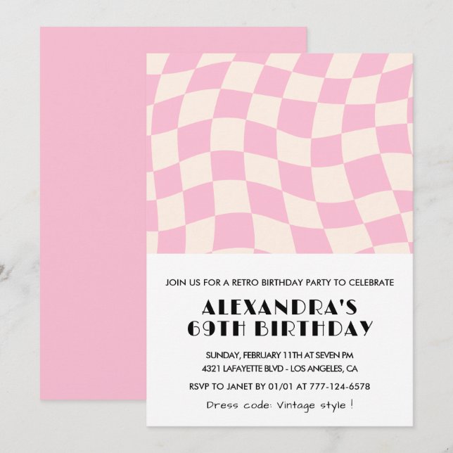 Retro Vintage Pink Chequered 69th birthday Invitation (Front/Back)