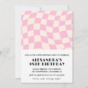 Retro Vintage Pink Chequered 98th birthday Invitation