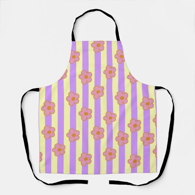 Retro Vintage Purple Stripe Flower Pattern Apron (Front)