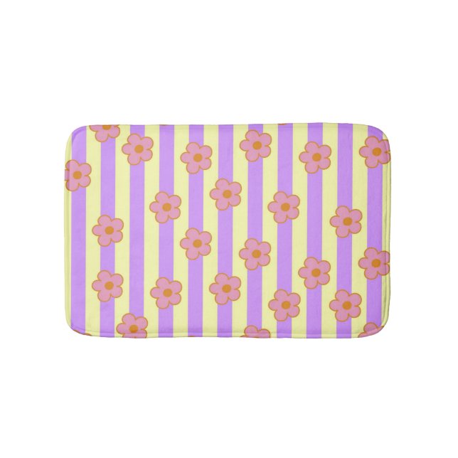 Retro Vintage Purple Stripe Flower Pattern Bath Mat (Front)