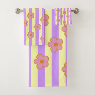 Retro Vintage Purple Stripe Flower Pattern Bath Towel Set
