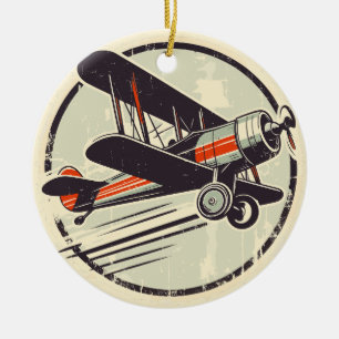 Retro Vintage Red and Green Biplane Ceramic Ornament