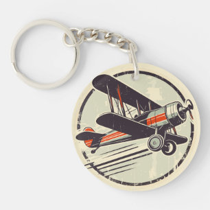 Retro Vintage Red and Green Biplane Keychain