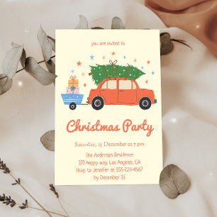 Retro Vintage Red Car Christmas Party Invitation