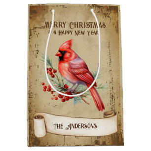 Retro Vintage Red Cardinal Bird Merry Christmas Medium Gift Bag