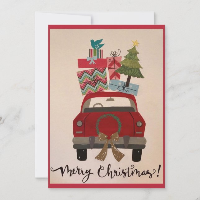 Retro Vintage Red Christmas Car Holiday Card (Front)