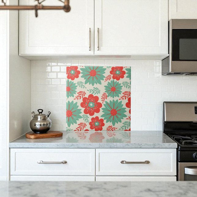 Retro Vintage Red Green Floral  Tile (Creator Uploaded)