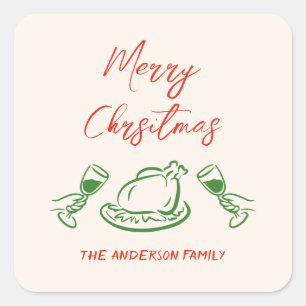 Retro Vintage Red Green Hand Drawn Merry Christmas Square Sticker