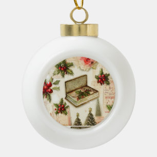 Retro Vintage Red Green Holly Christmas Holiday Ceramic Ball Christmas Ornament